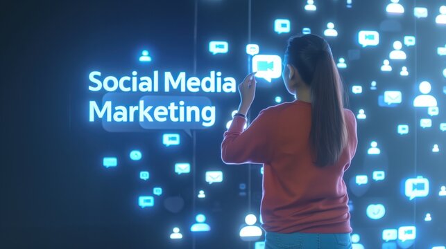 A woman interacts with digital icons representing social media marketing, illustrating online communication and engagement.
