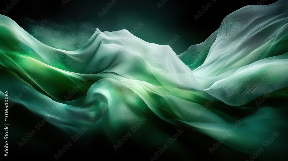 Poster these flowing abstract green waves with soft textures create an ethereal and soothing visual experie