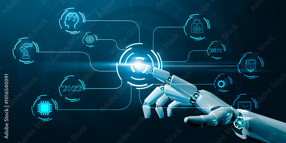 Poster ai robot futuristic artificial intelligence development technology future concept, computer tech mac