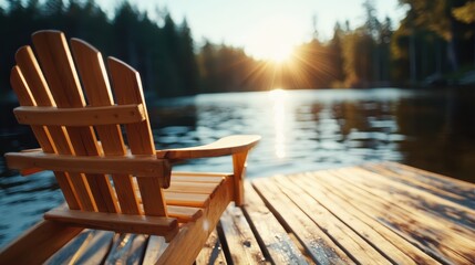 A peaceful sunset over a serene lake, with a wooden chair on a deck, invites relaxation and contemplation, capturing the essence of tranquility and nature's beauty.
