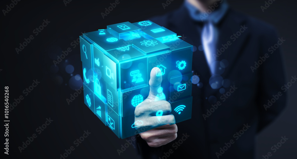 Poster business tech cube futuristic technology concept, modern 3d render cube model, businessman finger po