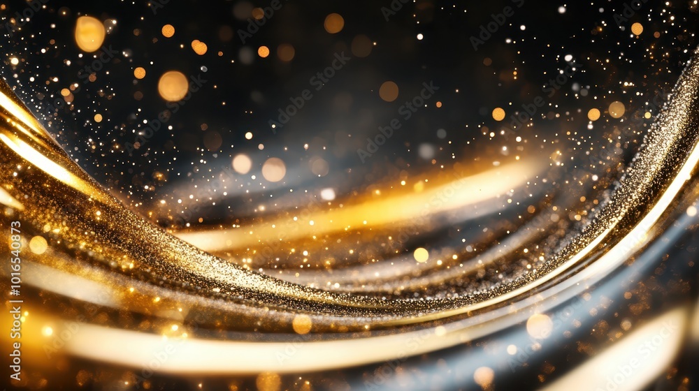Poster this image showcases a dynamic swirl of gold and black with sparkling particles, evoking a sense of 