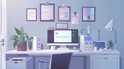 Fototapeta premium A remote healthcare professional's workspace featuring telemedicine tools, a clean desk setup, and video conferencing equipment for virtual consultations.