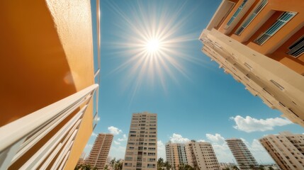 A bright, sunny day in the city with modern high-rise buildings etched against a backdrop of clear blue skies, epitomizing urban living and architectural design.