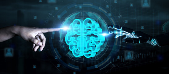 Business analyzing data growth increasing sales, marketing, development, management. Artificial intelligence AI with ideas innovation planning strategy, futuristic brain hologram blue background