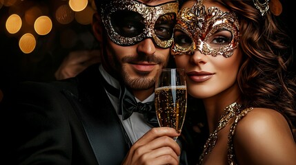 Couple wearing ornate masquerade masks celebrating with champagne