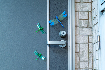 Dragonfly mosquito and insect repellent on the door of a house