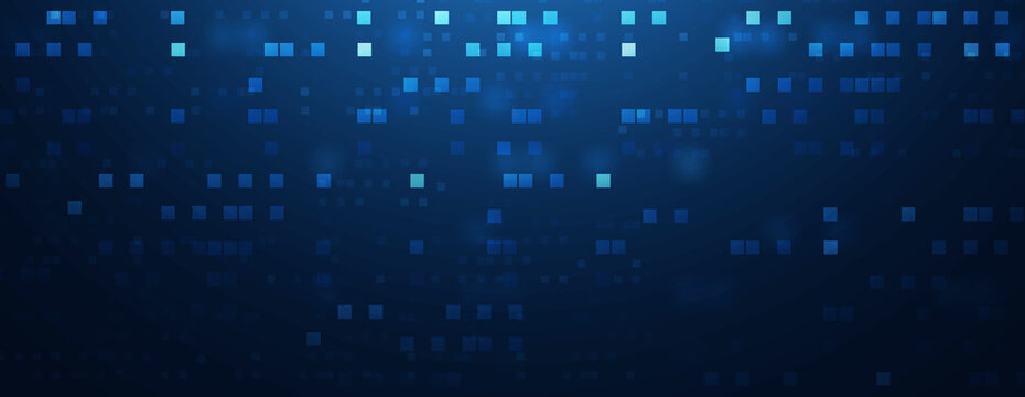 Abstract technology blue background banner, communication square shape data coding virtual computer internet world cyberspace concept.
