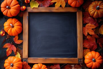 thanksgiving decoration, blackboard background captured from above (top view, flat laying). Layout with free text space
