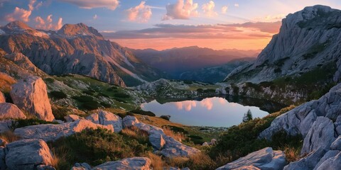 Naklejka premium Serene mountain landscape at sunset. Orange, pink sky casting warm glow. Mountains in green, brown hues stretch across background. Tranquil lake in foreground, calm waters reflecting sky above.