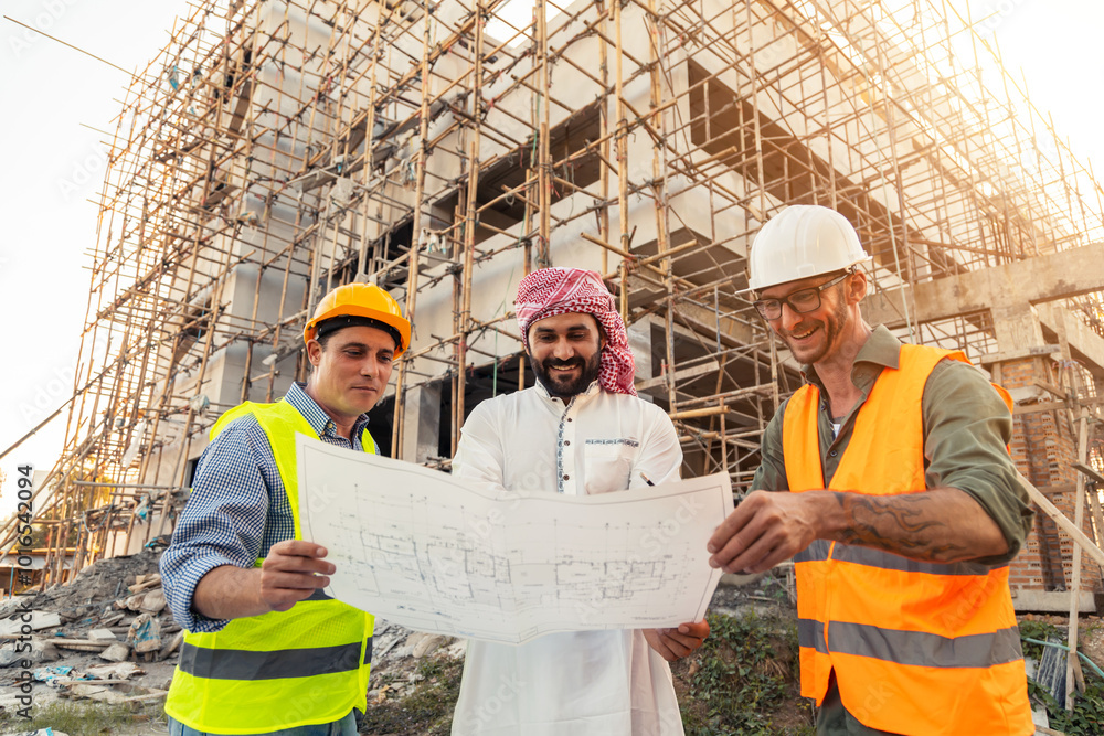 Poster architect engineer technician construction worker all working together as a team communicating, work
