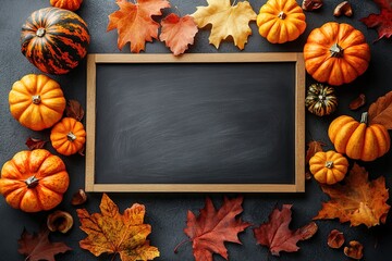 thanksgiving decoration, Black blackboard background captured from above (top view, flat laying). Layout with free text space