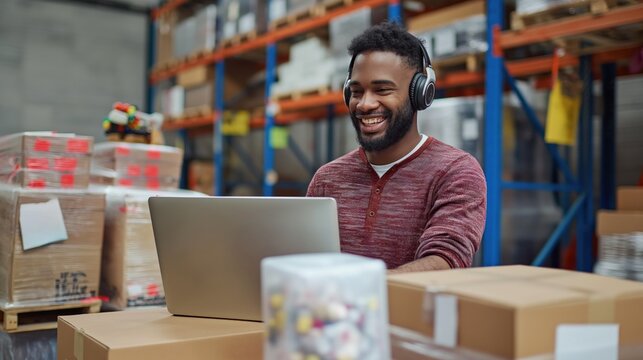 Man organizes donations in warehouse working on laptop, wearing headset. Seated at cluttered desk with stacks of cardboard boxes, cans of soda, bags of chips. Warehouse shelves, racks for storage. - Powered by Adobe