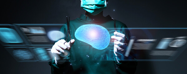 Doctor brain neurologist specialist surgeon using computer anatomy display screen technology artificial intelligence assistance AI, operation simulation augmented reality medical healthcare tech