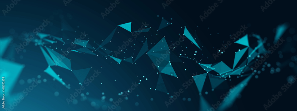 Fototapete Digital abstract plexus technology blue background banner copyspace, graphics vector polygon line networks and dots shape connecting link structure, futuristic tech data computer concept.
