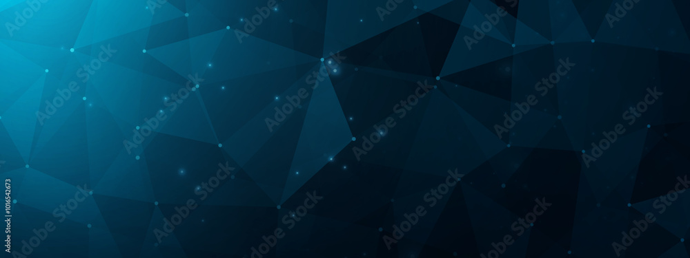 Fototapete Digital abstract plexus technology blue flat background banner, graphics vector polygon line and dots shape connecting link structure, futuristic tech data computer concept.