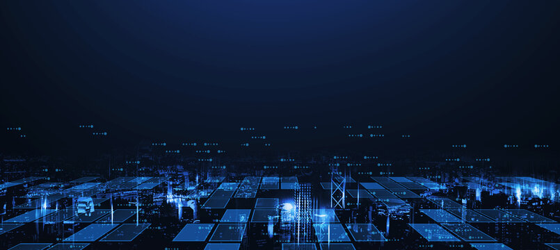 Blue business city abstract banner background, cityscape industry modern futuristic network technology concept with graphics illustration.