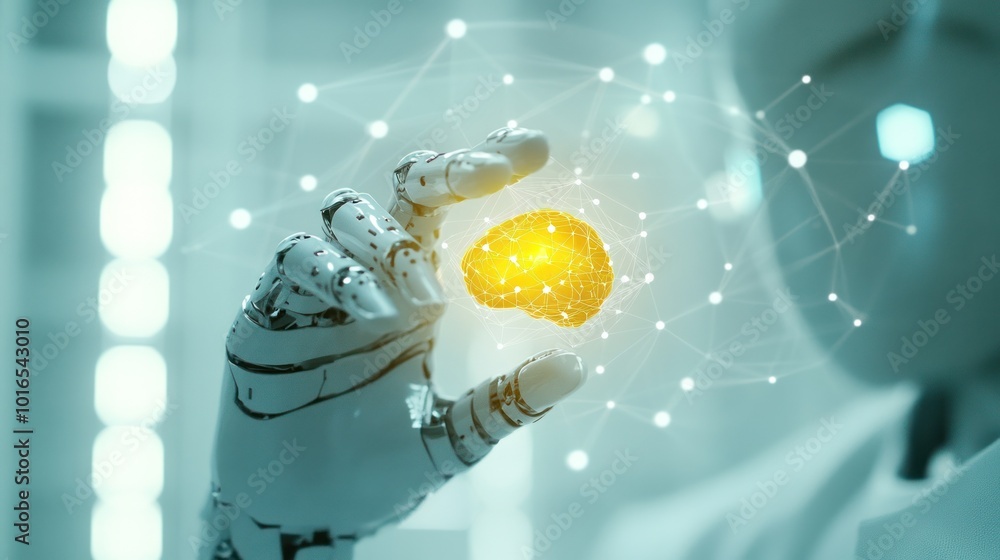Poster robot hand holds glowing brain with digital network
