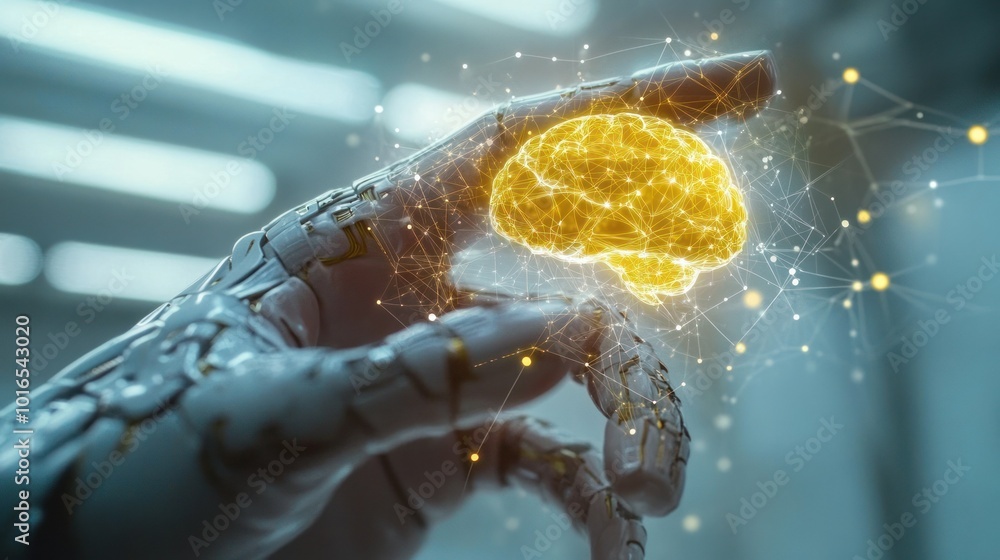 Poster advanced robotic hand with glowing brain and matrix