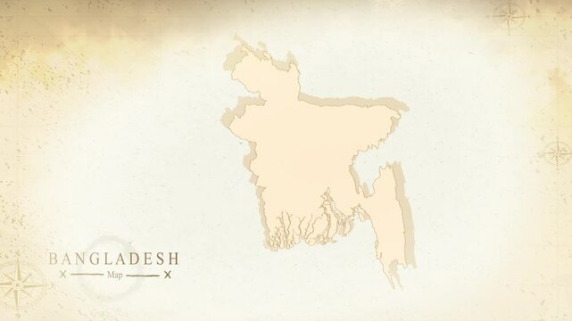 Map of Bangladesh in the old style, brown graphics in retro fantasy style, perfect for intro or video presentation. High quality 4K video.