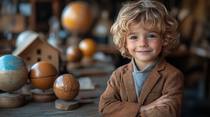 Fototapeta premium little boy posing,model of house,solar system during a school lesson.illustration