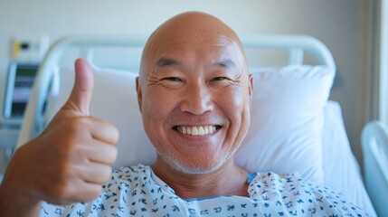 Satisfied patient reclining in bed with thumbs up
