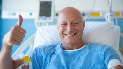 Content bald man giving thumbs up in hospital gown