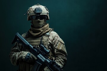 Naklejka premium Soldier in tactical combat gear with rifle in hand