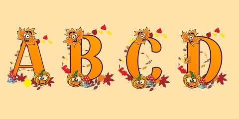 Autumn fall Alphabets illustration, orange fonts designed with cartoons maple leaves, pumpkin. this set of alphabets can be used for prints, textile, wrapping paper, coffee mug, t-shirts.  Not AI.