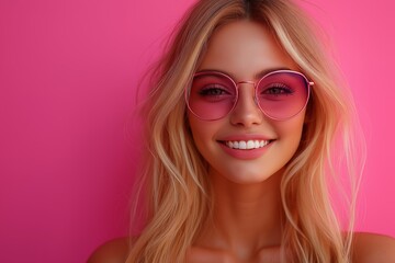 Fototapeta premium Woman with blonde hair and a pink sweater. She is smiling. older beautiful natural woman having fun wearing pink