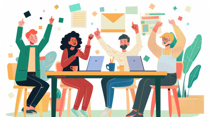 A remote team celebrating the successful completion of a project, with team members sharing achievements and lessons learned during a virtual meeting.