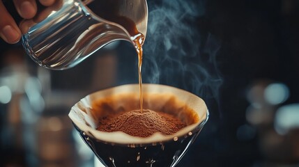 Men barista making a drip coffee, pouring hot water from kettle over a ground coffee powder