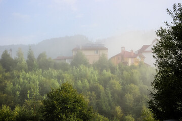 houses, roofs of hotels in the fog in the forest, mountains, panorama, summer