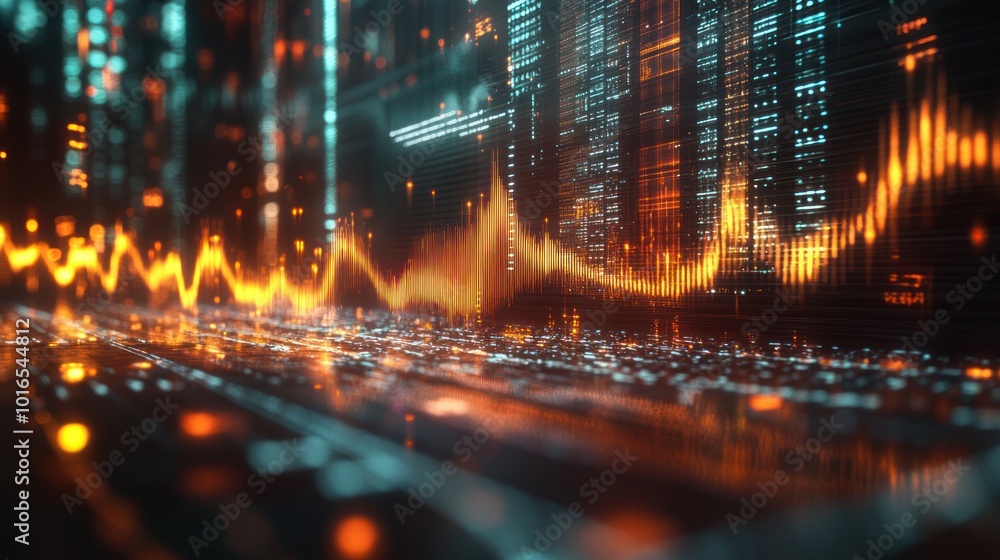 Poster abstract visualization of sound waves with digital elements and vibrant colors.