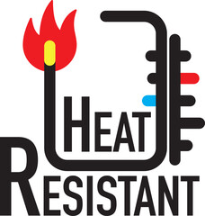 Heat resistant icon. Mark of resistance to temperature. Warning. Illustration with text, light, and black lines.