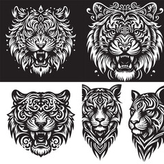 Tribal vector collection of tiger heads in black and white