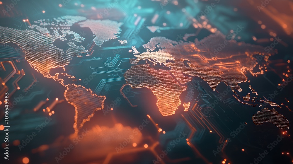 Poster a digital map of the world with circuit patterns, symbolizing technology and connectivity.