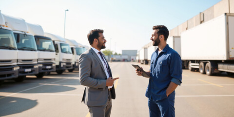 Businessman and Indian Mechanic Discussing Truck Fleet Management Solutions