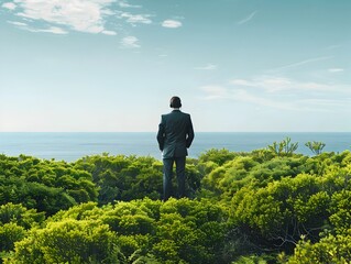 Businessman Enjoying Nature During Conference Call in Serene Outdoor Setting