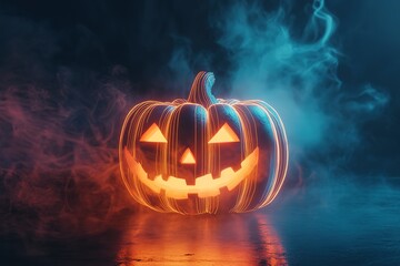 Neon glowing pumpkin head on abstract blurred bokeh background. Festive Halloween background with cobwebs and pumpkin.
