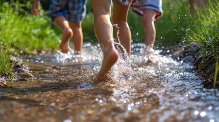 Children joyfully walk barefoot in a stream, creating splashes in the warm sunlight of summer
