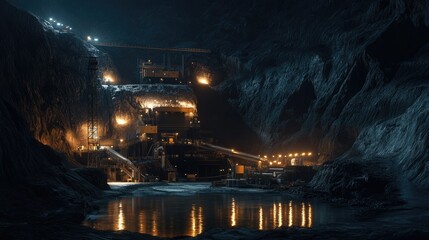 Nighttime view of a quarry with floodlights illuminating the rocky terrain, casting long shadows and highlighting the industrial machinery.