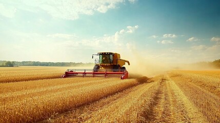 Fototapeta premium Tractor drives across large field making special beds for sowing seeds into purified soil. Agricultural vehicle works at sunset in countryside