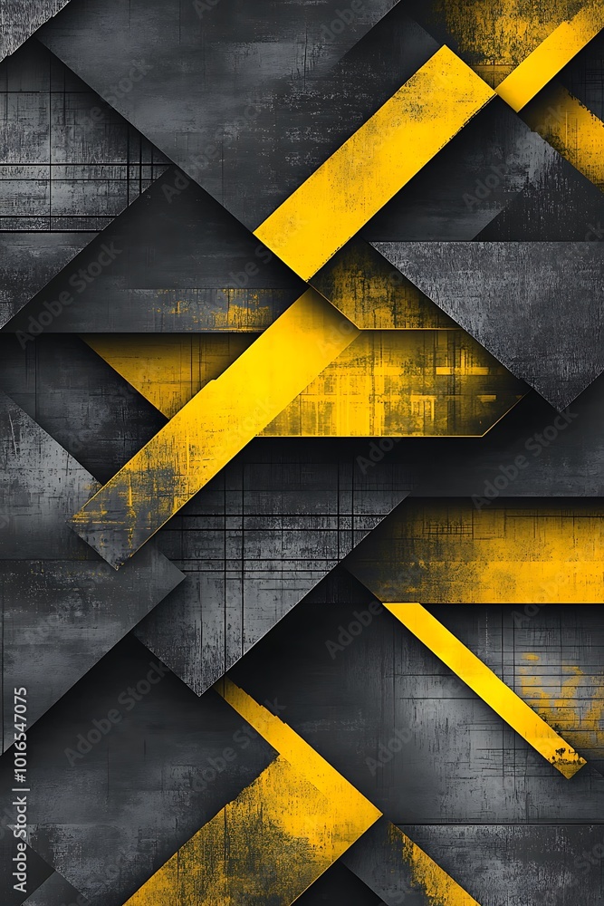 Poster a bold yellow and black geometric abstract design featuring dynamic diagonal lines and shapes, evoki
