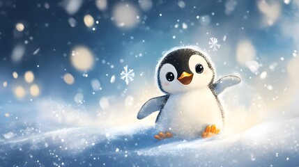 A baby penguin sliding on ice, with a joyful expression and snowflakes falling around.


