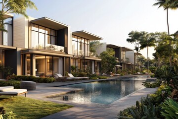 Fototapeta premium Modern townhouses and villas ​​Combines contemporary architecture with premium amenities. The villa has a private pool, large garden and spacious outdoor living area.