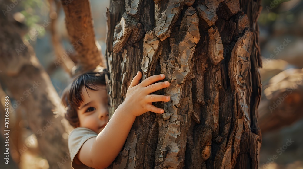 Poster a child embracing an ancient towering tree in a serene forest setting