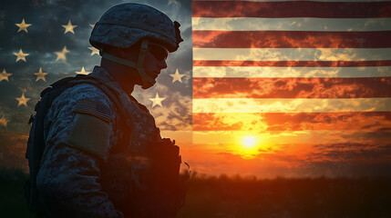 Fototapeta premium Double exposure Silhouette of Soldier on the United States flag in sunset. Veterans Day Concept
