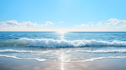 A calm ocean scene with gentle waves and a clear blue sky.


