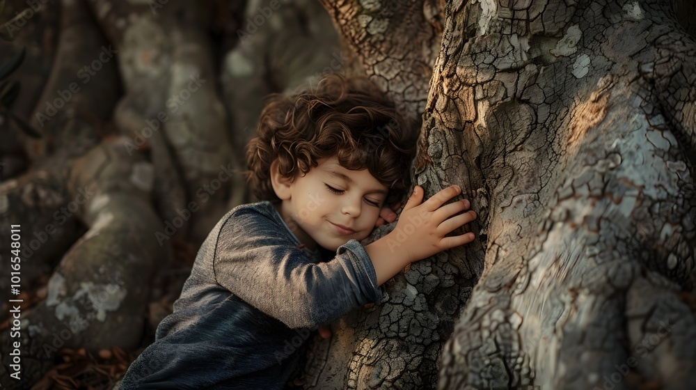 Poster a child embracing an ancient towering tree emphasizing the connection between